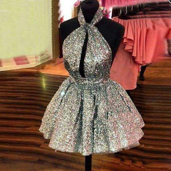 Shiny Silver Sequins Prom Dress,short Mini Cocktail Dresses,a Line Backless Sexy Homecoming Dresses