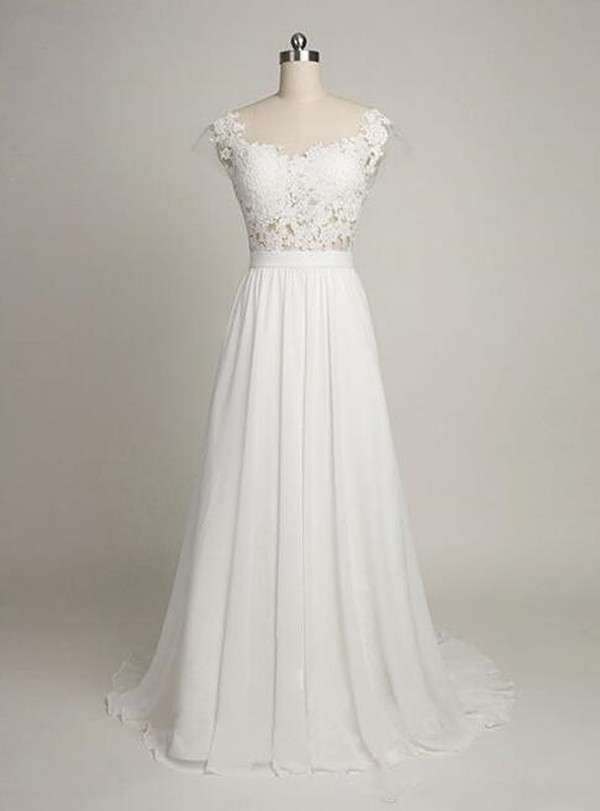 Simple White A-line Prom Dress,cap Sleeves Long Party Dress,chiffon Elegant Wedding Dress With Lace