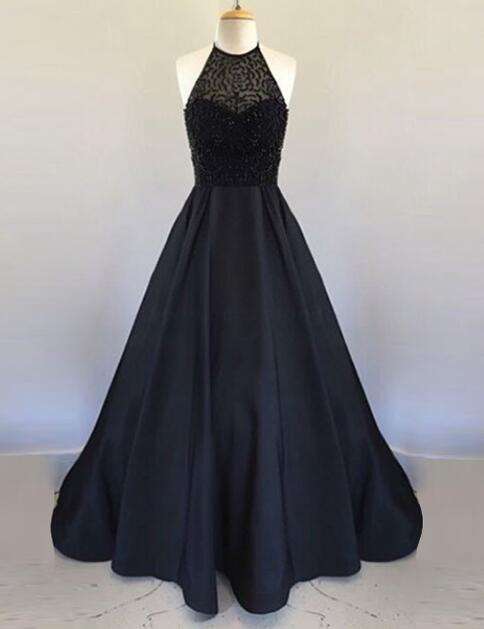 Black A Line Evening Dress,elegant Floor Length Prom Dress,2017 Sleeveless Beaded Party Dress