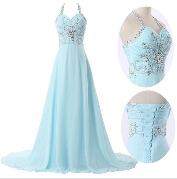 Pretty Light Blue Long Prom Dresses,2017 Women Evening Dresses,blue Beading Prom Dress,prom Dress,chiffon Evening Dresses