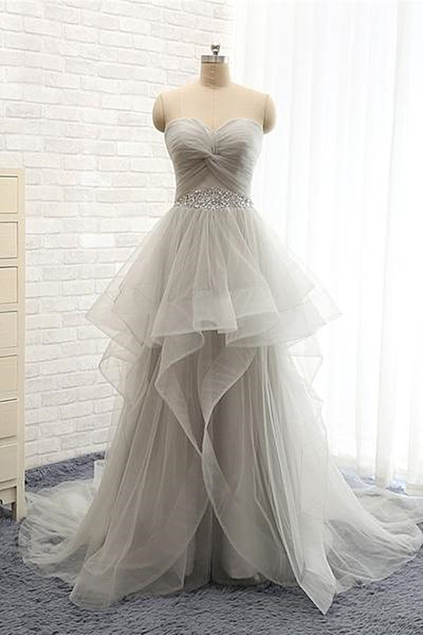 Elegant Grey Sweetheart Prom Dress,sleeveless A Line Party Dress With Sweep Train