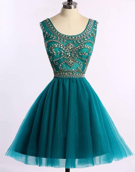 Green Round Neck Tulle Short Prom Dress, Cute A Line Homecoming Dress