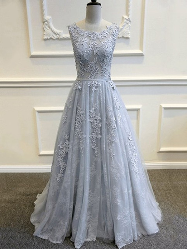 Elegant A-line Appliques Grey Long Prom Dress,2017 Tulle A Line Evening Dress,prom Gowns,formal Women Dress