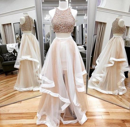 Champagne Two Pieces Beading Prom Dress,tulle Floor Length Evening Dress,2017 Formal Women Dress