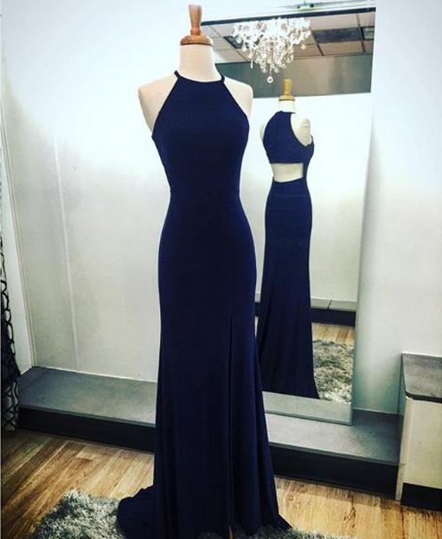 Elegant Halter Sheath Prom Dress With Slit,navy Blue Sweep Train Long Evening Gowns