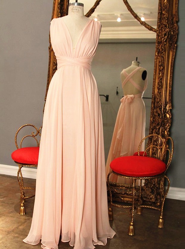 Simple Pink Prom Dress With Criss-cross Back,pleats Long Prom Dress