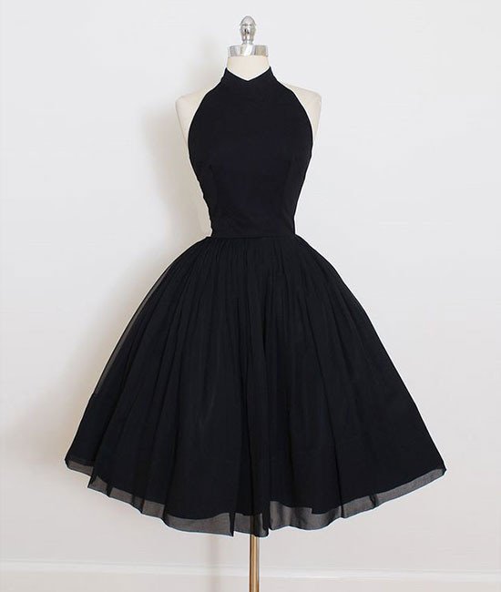 Cute Black Backless Short Prom Dress, A Line Halter Homecoming Dress