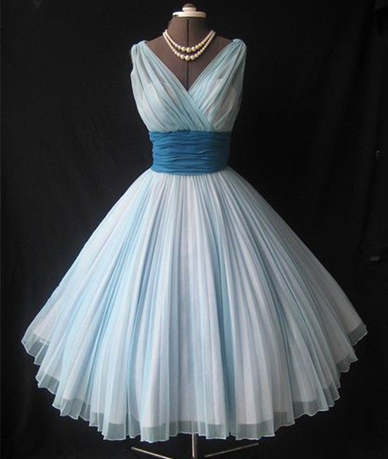 Cute Retro V Neck Light Blue Prom Dress,a Line Short Bridesmaid Dress