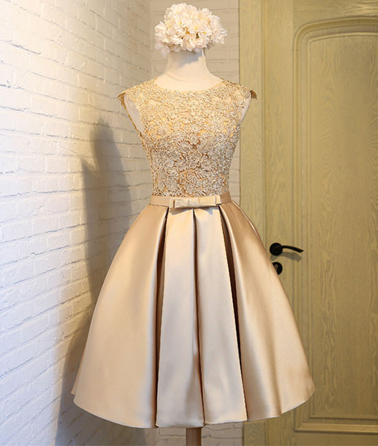 Champagne Lace Applique Cute Homecoming Dress,a Line Graduation Dress, Short Prom Dress