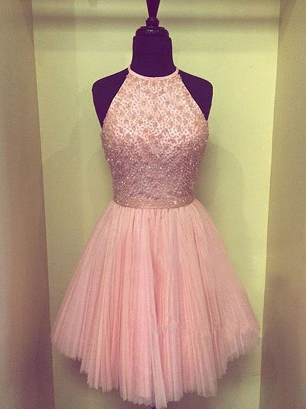 A Line Cute Short Pink Prom Dresses, Tulle Formal Dresses, Short Graduation Dresses, Pink Homecoming Dresses