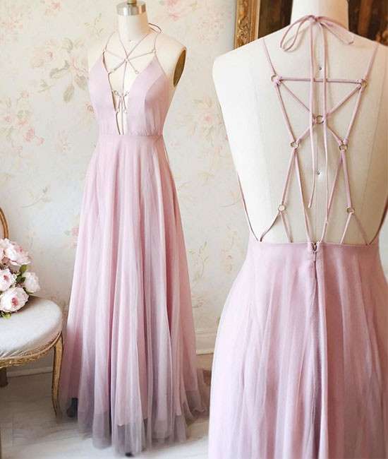 Unique V Neck Pink Long Chiffon Prom Dress,evening Dress
