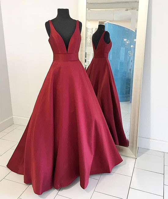 Red V Neck Satin Long Prom Dress, Straps Evening Dress