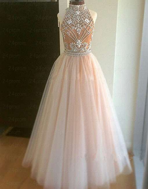 Sexy Two Piece High Neck Rhinestone Homecoming Dress,Pink Tulle Prom Dress