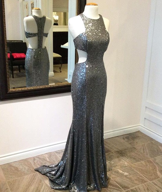 Unique Gray Sequined Mermaid Long Prom Dress, Gray Evening Dress