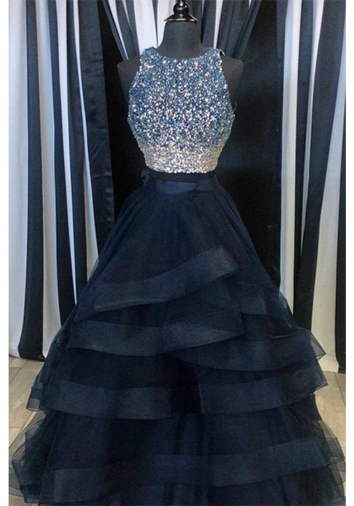 Two Piece Navy Blue Luxurious Beaded Prom Dress,sleeveless A Line Party Dress,formal Gowns