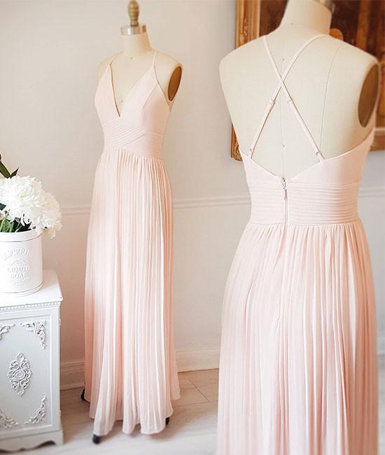 Pink Chiffon Floor Length V Neck Elegant Prom Dress