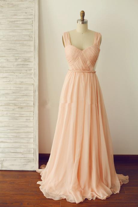 Simple A Line Backless Light Peach Chiffon Prom Dress,2017 Party Dress,Bridesmaid Dress