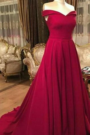 Red Sweetheart Long Formal Dress,off The Shoulder Sweep Train Prom Dress,simple Formal Dress