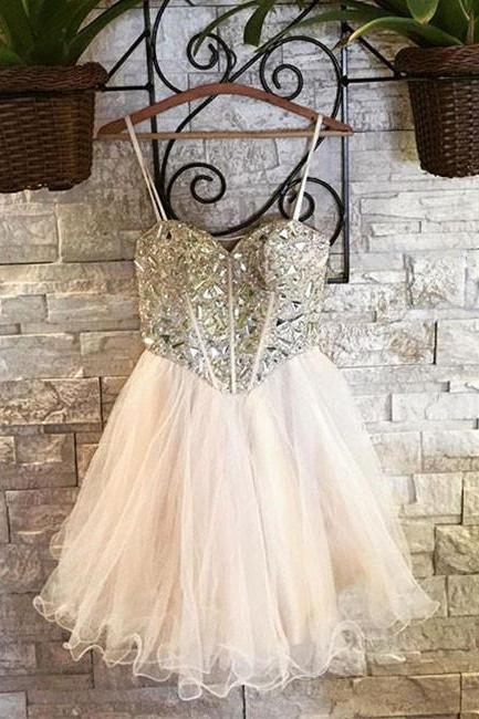 Cute Sweetheart Beaded Tulle Homecoming Dress,short Light Pink A Line Prom Dress