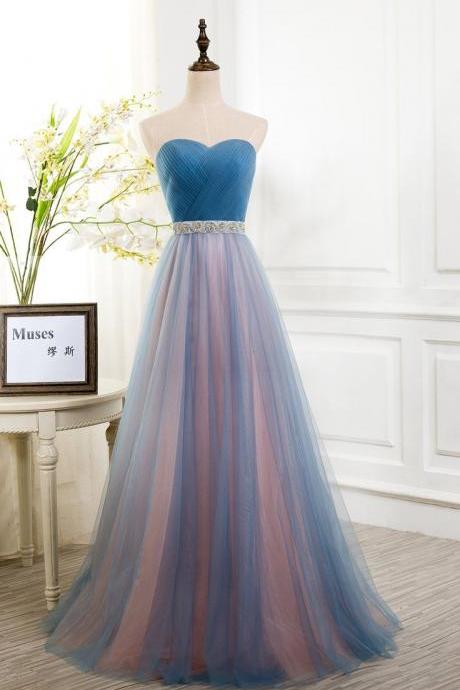 Sweetheart Blue Long Tulle Prom Dress,Long Tulle Bridesmaid Dresses,2017 Formal Gowns