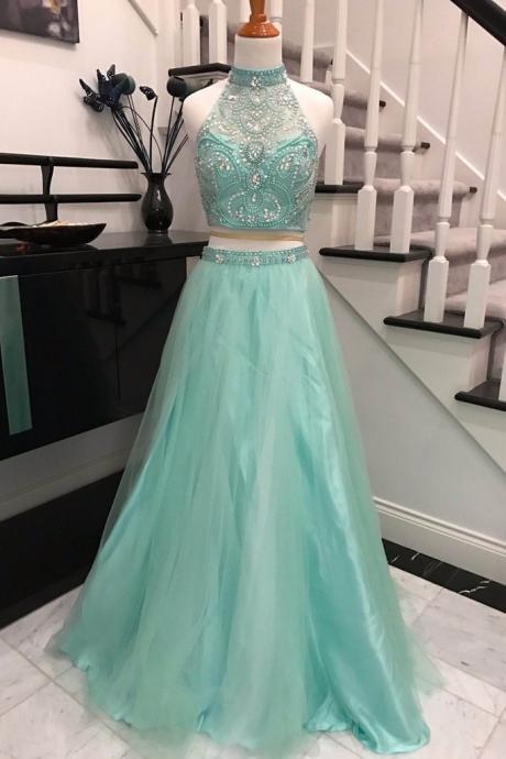 Light Blue High Neck Prom Dress,Two Pieces Beaded Tulle Homecoming Dress,Long A Line Prom Dresses