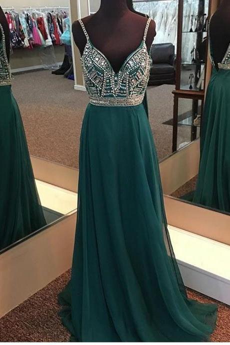 Sexy Spaghetti Strap Green Beading Prom Dress,long Chiffon Prom Dress,2017 Evening Dresses,backless Prom Dress