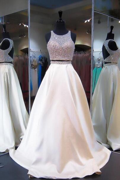 Elegant Two Pieces Beaded Prom Dress,ivory Long Prom Dress,open Back Two-piece Prom Dress