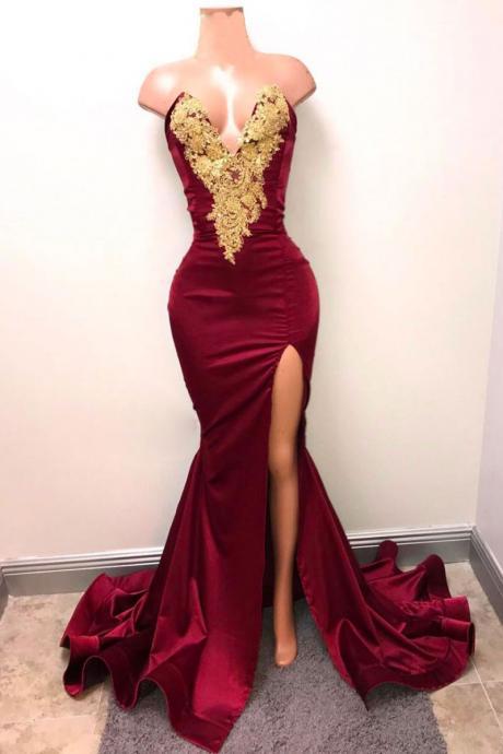 Burgundy Mermaid Golden Lace Prom Dress,long Burgundy Evening Dress,sexy Prom Gowns