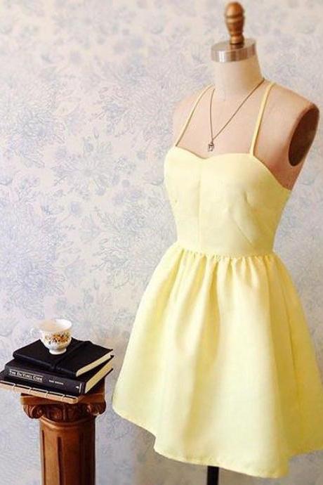Cute Yellow Mini Homecoming Dress,a Line Dress,spaghetti Strap Short Party Dress