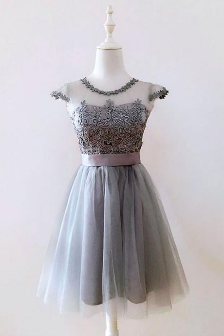 Cute gray tulle short prom dress,gray homecoming dress with sash