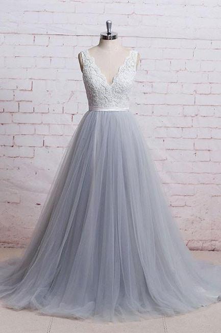 Elegant Gray V-Neck Tulle Lace Prom Dress,A-Line Long Prom Dress,Lace Evening Dress with Sash