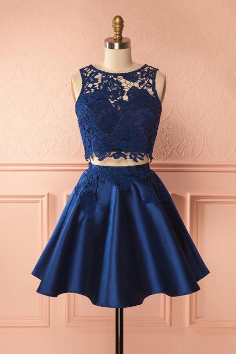 Cute Navy Two-Piece Lace Homecomig Dress,Sleevess Short Prom Dress with Satin Skirt 