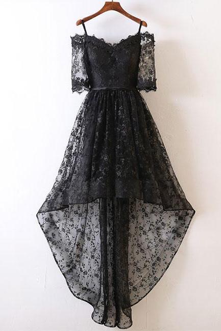 Black Lace Off Shoulder Prom Dress,High Low Lace Evening Dresses