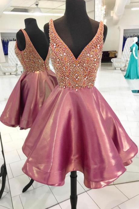 Cute Beaded V-Neck Homecoming Dress,Purple Short Prom Dress
