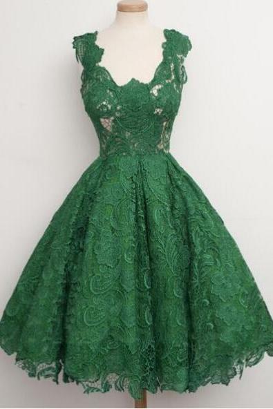 Vintage Lace Green Homecoming Dress,Ball Gown Scoop Knee-Length Homecoming Dress