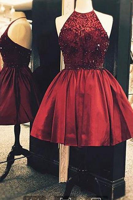 Cute Burgundy Bedaed Short Prom Dress,Backless Homecoming Dress,Party Dress 