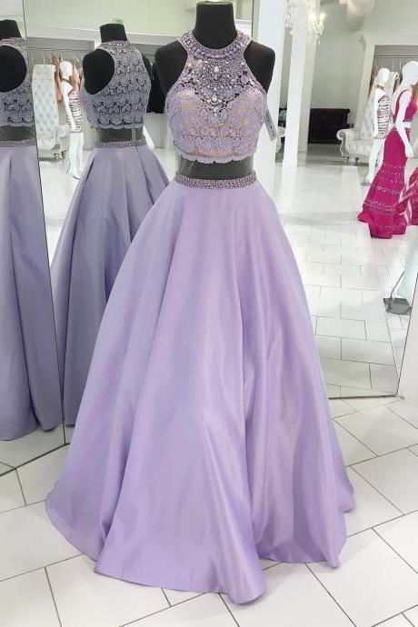Elegant Lavender Lace Beaded High Neck Prom Dress,Two-Piece Long Prom Dress