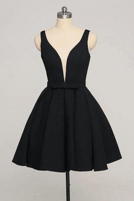 Cute V-neck Black Homecoming Dress,black Short Prom Dress,bow Homecoming Dress