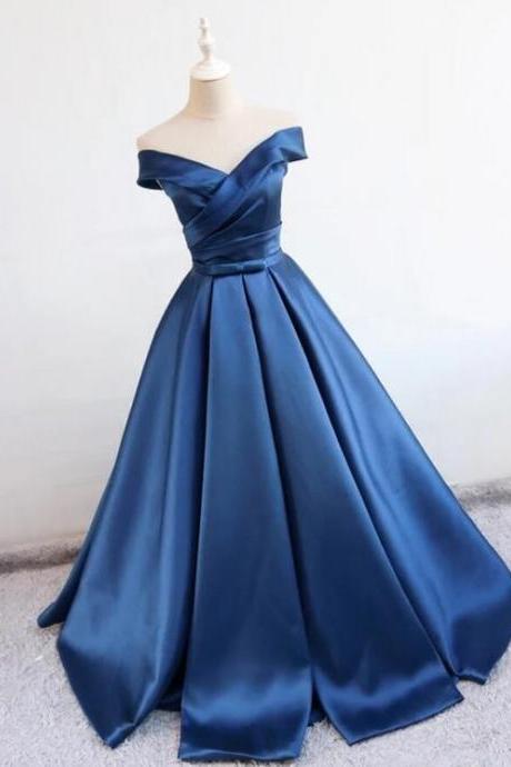 Navy Blue Off Shoulder Satin Long Prom Dress,prom Party Dress,formal Dress