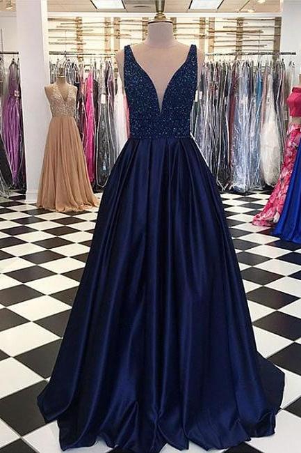 Charming V-neckline Beaded Satin Long Dark Navy Prom Dress,a-line Evening Dress,formal Dresses