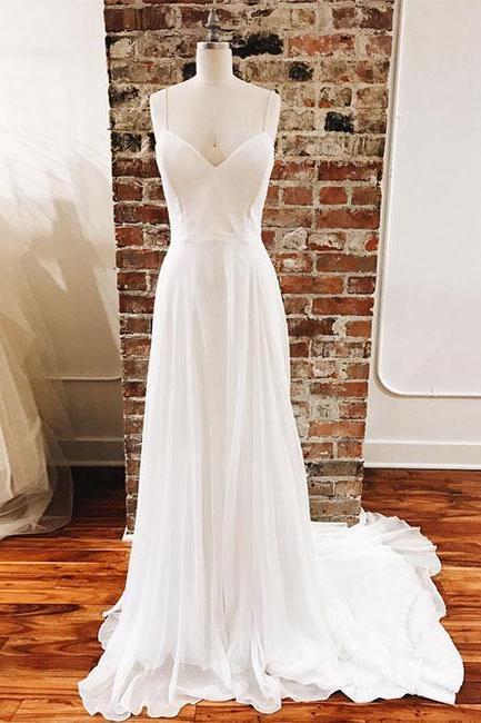 Simple White V-Neck Chiffon Long Prom Dress,Spaghetti Straps Sweep Train Evening Dresses