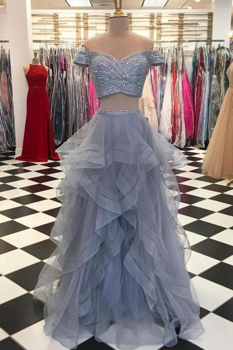 Charming Two Piece Gray Beaded Prom Dress,Ruffles Tulle Off Shoulder Evening Gowns