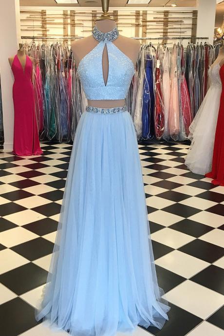 Light Blue Beaded High Neck Two Piece Prom Dress,split Formal Dress,blue Evening Dresses