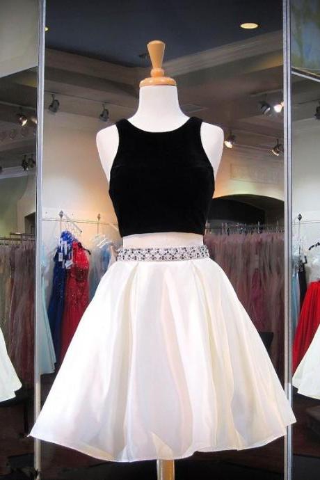 Short Black and White Two Piece Homecoming Dress with Beaded waist 