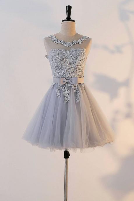 Cute Gray Round Neck Applique Homecoming Dress,Tulle Bridesmaid Dress