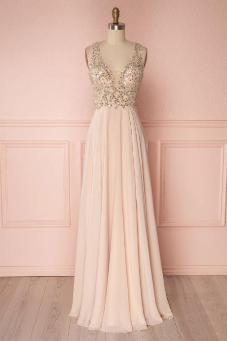 Pink V-neck Beaded Sequins Prom Dress,a-line Evening Dress