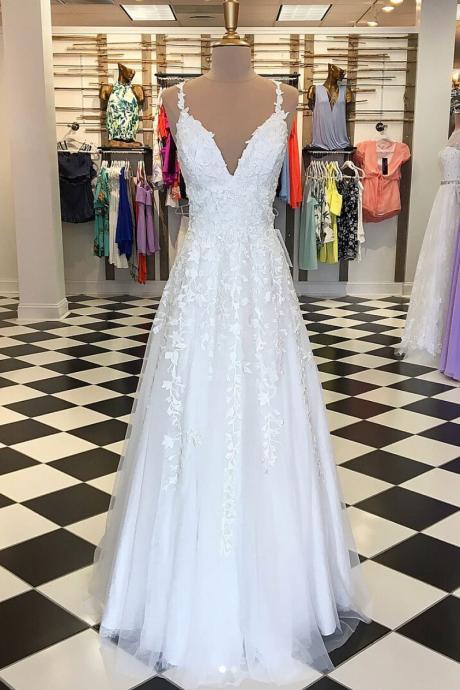 White V-neck Straps Lace Applique Prom Dress,floor Length Evening Dress