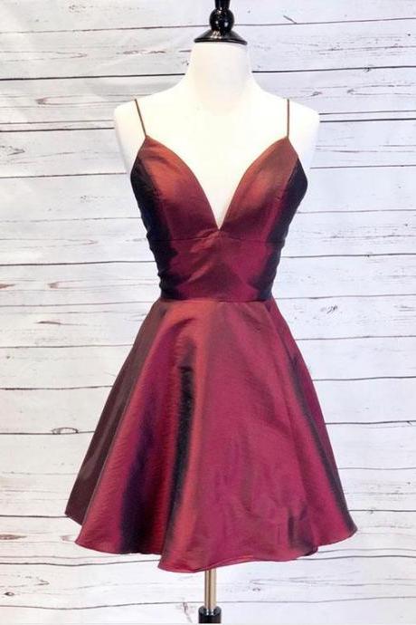 Cute Burgundy V-Neck Satin Short Homecoming Dresses 