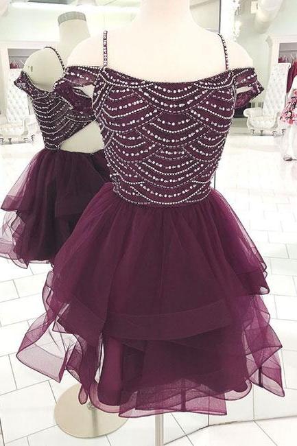 Cute Tulle Beaded Homecoming Dress,Off Shoulder Short Prom Dress 
