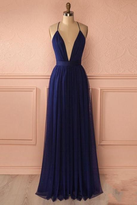 Charming V Neck Backless Navy Blue Long Prom Dresses,Simple Evening Dresses